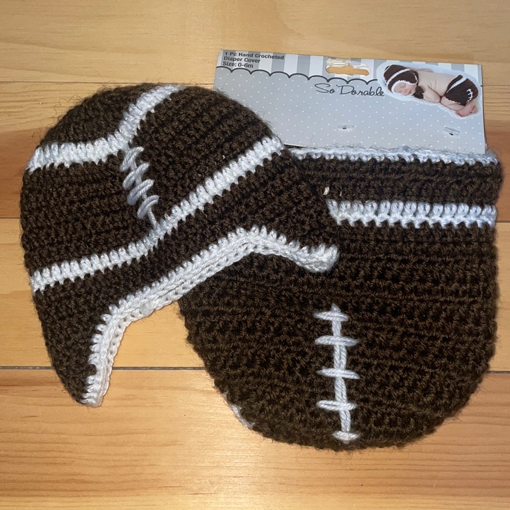 2 Pc Hand Crocheted Football Beanie and Diaper Cover